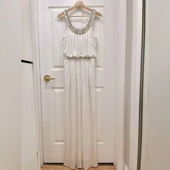 Gorgeous Elegant NWT, Draped-top Beaded Neckline White Grecian Long Maxi Gown - Picture 3 of 7